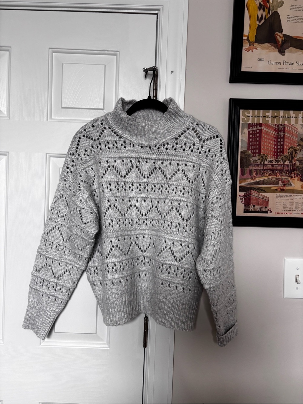 Chelsea & Theodore Light Gray Openwork Turtleneck Sweater